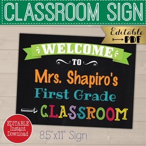 Classroom Welcome Sign, Personalized Teacher Name Gift Ideas Digital, Class Room Chalkboard Decor Printable Back To School Wall Art Door PDF