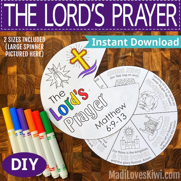 Printable Lords Prayer Wheel for Kid, Lord's Bible Verse Sunday School Activity, Spinner Scripture Lesson, Church Bookmark Color Page Memory