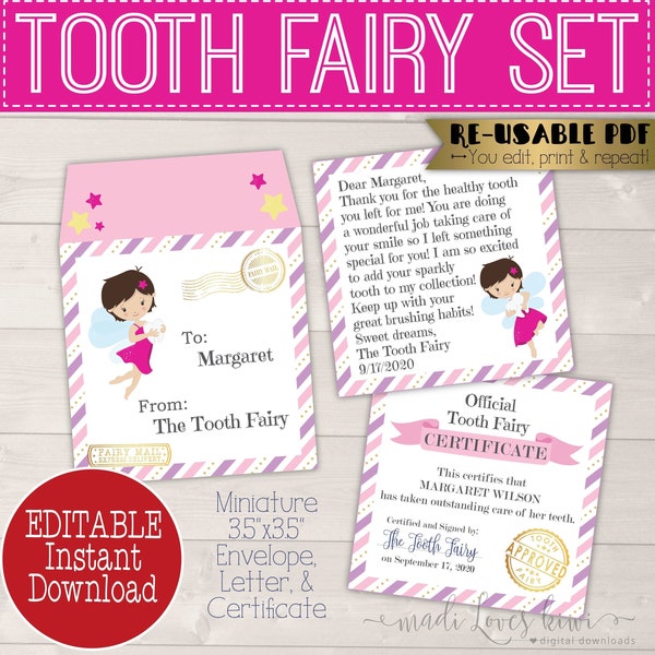 Mini Tooth Fairy Letter Printable with Envelope, Editable Lost Tooth Certificate PDF Template, Girl Mail Idea Receipt Download First Report