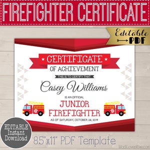 Printable Junior Firefighter Certificate, Firetruck Birthday Party Favor Idea Instant Download, Fireman Award Editable, Digital Fire Truck image 1