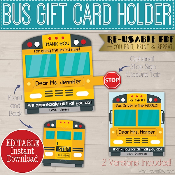 School Bus Gift Card Holder for Driver, Editable Teacher Appreciation Week Classroom Present, Printable End of Year Idea, Class Mom PTA 1st