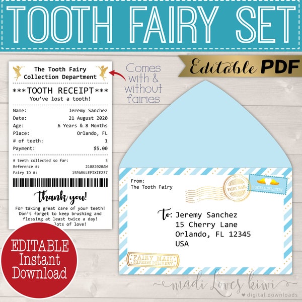 Editable Blue Tooth Fairy Receipt, Printable First Lost Letter PDF Template Instant Download, Envelope Note Kit Idea For Boy, Digital Visit