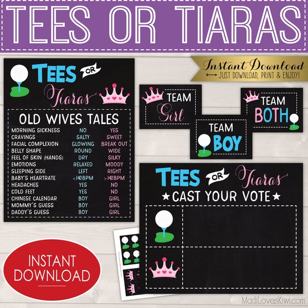 Tees ou Tiaras Gender Reveal Decoration Kit, Décor de fête de fille de garçon imprimable, Signe de conte de vieilles femmes, Comptage de jeu de société de vote numérique, Idée jumelle