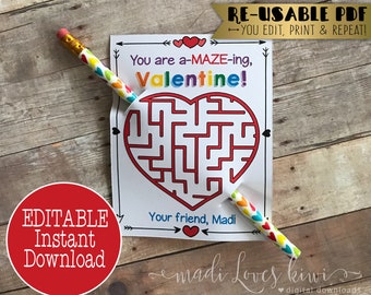 Printable Maze Valentine Card, Editable Pencil Holder Note Instant Download, Non Candy Heart Day for Kid, DIY School Teacher Gift to Student