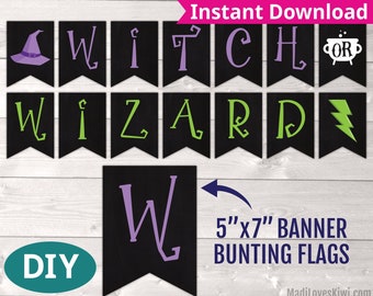 Printable Witch or Wizard Gender Reveal Banner, Green Purple Party Bunting, Baby Shower Decoration, Digital Pennant Sign Idea Download Decor