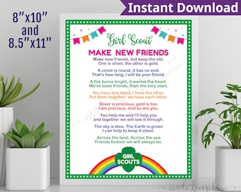 Printable Scout Make New Friends Poster for Girl Troop, 8x10 & 8.5x11 Song Lyric Sign Instant Download, Digital Editable PDF Template Wall