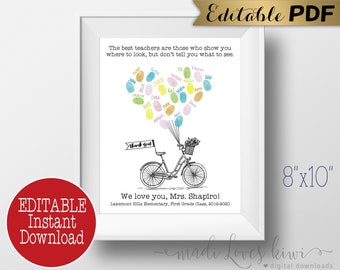 Vintage Bicycle with Balloon Fingerprint Wall Art, Printable Teacher Appreciation Gift, Personalized Year End Student Class Thank You Idea