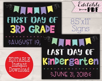 First Day of School Sign Editable PDF, Last Day Chalkboard Printable, Digital End Year Gift Idea Girl Reusable Back to School Photo Prop 1st