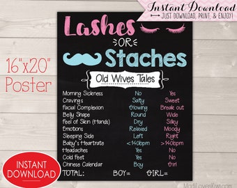 Staches or Lashes Gender Reveal Decorations, Digital Old Wives Tale Chalkboard Sign, Printable Baby Party Ideas, Instant Download Decor Kit