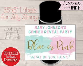 Personalized Silly String Label for Gender Reveal, Decorations Printable Blue Or Pink Party Decor Idea Baby Girl Boy Digital Goofy Spray Can