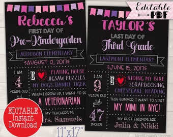 First Day of School Sign Instant Download, Last Day Printable Chalkboard Photo Prop, Editable Stats Poster 1st Reusable PDF Back to End Year