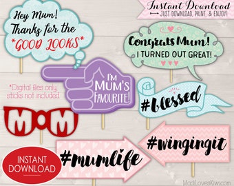 Happy Mother's Day Photo Booth Props, Printable MUM Sayings with UK Spelling, Mothers Day Party Decor, Instant Download Photobooth Gift Idea