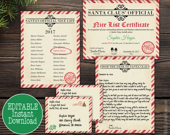 Kit de lettre de père Noël modifiable, certificat de liste de Nice personnalisé de Claus, idée de boîte de réveillon de Noël imprimable réutilisable PDF Mail Téléchargement instantané