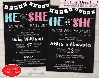 Gender Reveal Invitation Editable, Baby Gender Reveal Party, Gender Reveal Invitation Instant Download, Gender reveal Invitation Printable