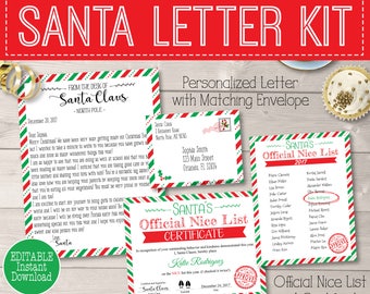 Personalized Santa Letter Kit Printable, Santa's Nice List Certificate, Letter from Santa Claus Digital PDF Template North Pole Reusable Red