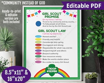 Printable Scout Promise and Law Poster - COMMUNITY, Editable Girl Troop Meeting Sign Instant Download, Daisy Pledge Chart PDF Template Decor