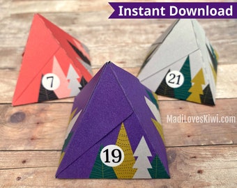 Printable Advent Calendar Boxes, Christmas Countdown Gift Idea for Kid, Xmas Tree Favor Template Instant Download, 25 Holiday Treat Activity