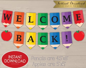 Printable Pencil Welcome Banner, Rainbow Colored Back to School Bunting, Pennant Classroom Decor, Teacher Class Decorations Digital Download
