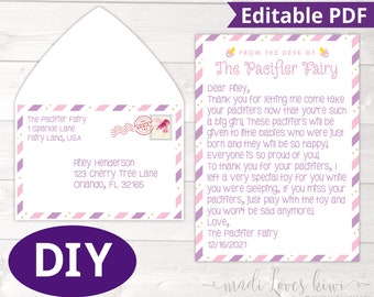 Printable Pacifier Fairy Letter Kit, Personalized Binky Note For Girl, Editable Paci Instant Download, Pink Purple Toddler Kid Template Idea