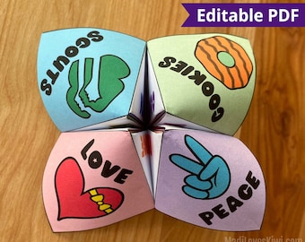 Editable Girl Scout Cootie Catcher Game, Printable Getting to Know You Meeting Activity, Ice Breaker Template, Paper Origami Fortune Teller