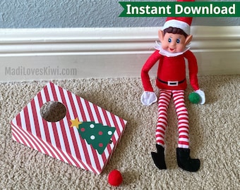 Printable Elf Cornhole Game Instant Download, DIY Christmas Pom Pom Bag Toss Activity, Funny Xmas Prop Idea for Holiday Accessory North Pole