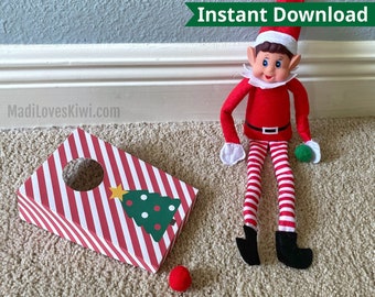 Jeu imprimable Elf Cornhole Téléchargement instantané, Activité de lancer de sac Pom Pom de Noël DIY, Idée d’accessoire de Noël drôle pour accessoire de vacances Pôle Nord