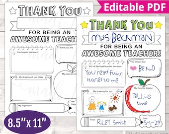 Personalized Teacher Appreciation Gift Idea, Editable Memory Book Template, Printable Thank You Worksheet, Custom End of Year Coloring Sheet