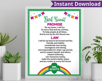 Printable Girl Scout Promise and Law Poster for Troop, 8x10 & 8.5x11 Editable Rainbow Sign Instant Download, Digital Wall Art PDF Template