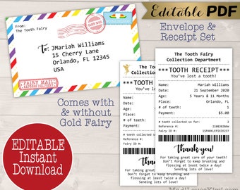 Editable Rainbow Tooth Fairy Receipt, Printable Lost Letter PDF Template, First Envelope Note Set Digital Instant Download 1st Idea For Girl