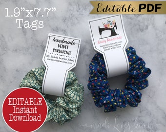 EDITABLE Hair Scrunchie Tag, Printable Handmade Product Label Logo, Digital PDF Template, Care Instruction Sewing Packaging Instant Download