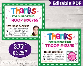 EDITABLE Scout Cookie Thank You Card with QR Code, Printable Order Sales Receipt Instant Download, Booth Girl Seller Note Contact Info Form