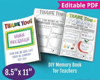 Printable Teacher Appreciation Memory Book Gift, Editable Thank You Worksheet PDF Template, Personalized Cover End of Year Instant Download