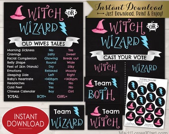 Wizard or Witch Gender Reveal Decoration Kit, Printable Boy Girl Party Decor, Old Wives Tale Sign, Digital  Vote Chalk Board Game, Twin Idea