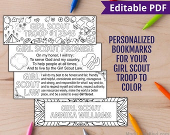 Printable Scout Promise & Law Bookmark, Editable Coloring Page, Girl Troop Meeting Activity, Personalized Book Mark Instant Download Sheet