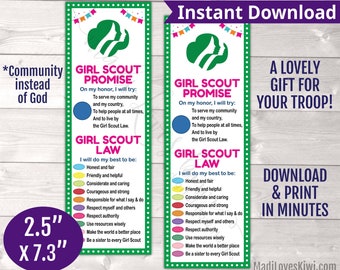 Printable Scout Bookmark with Community Promise and Law, Troop Meeting Instant Download, Girl Daisy Activity Petal Gift Idea Leader Handout