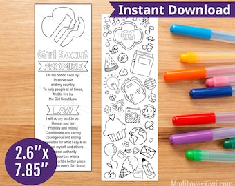 Printable Girl Scout Promise & Law Bookmark, I Spy Troop Meeting Activity, Coloring Page Book Mark Instant Download, Digital Sheet Gift Idea