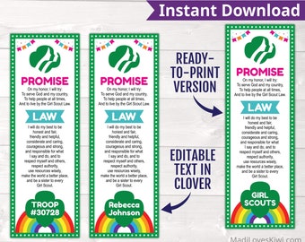 Editable Girl Scout Bookmark, Printable Troop Leader Instant Download, Law and Promise PDF Template Book Mark for Daisy Brownie Rainbow Gift