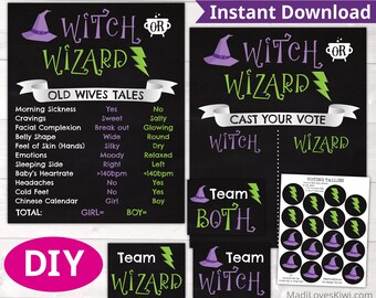 Wizard or Witch Gender Reveal Decoration Kit, Printable Old Wives Tale Sign, Green Purple Party Decor, Digital Vote Board, Twin Poster Idea