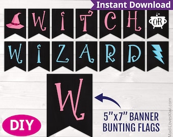 Download Decor Printable Party Bunting Pink Blue Baby Shower Decorations Digital Pennant Sign Idea Witch or Wizard Gender Reveal Banner