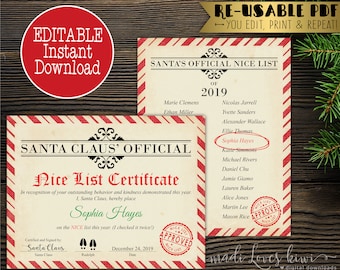 Printable Santa Nice List Certificate, Santas Good List Editable PDF Template, Reusable North Pole Mail Digital Download