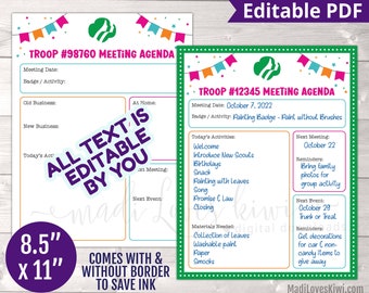 event planner business cards Editable Girl Scout Meeting Agenda, Printable Troop Leader Planner, Activity Log Instant Download Weekly Badge Sheet Chart Monthly Event PDF