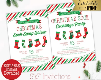 Editable Christmas Sock Exchange Party Invitation, Printable Xmas Stocking Swap Invite Digital, Holiday Idea Instant Download PDF Template