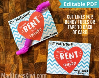 Printable Bendy Tube Valentine Card for Class, Editable Fidget Pop Toy Holder Note Instant Download, Heart Day Kid School Teacher to Student