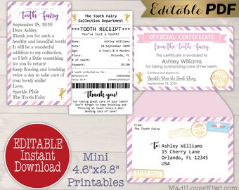 Editable Tooth Fairy Letter Bundle with Printable Receipt, Certificate, Envelope, Note Set First Lost Template Girl Digital Instant Download