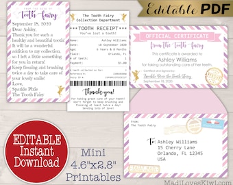 Editable Tooth Fairy Letter Bundle with Printable Receipt, Certificate, Envelope, Note Set First Lost Template Girl Digital Instant Download