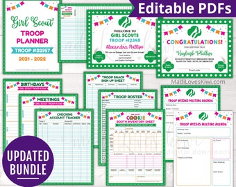 Girl Scout Troop Leader Organizer Printable, Editable Certificate, Attendance Log, Meeting Birthday Tracker Agenda Chart Snack Sign Up Sheet