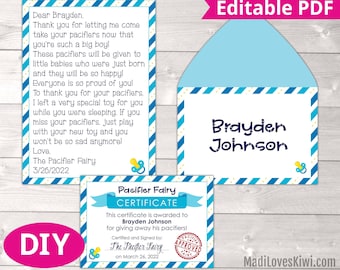 Printable Blue Pacifier Fairy Letter for Boy, Personalized Binky Certificate Note Idea, Editable Paci Instant Download, to Toddler Kid Dummy