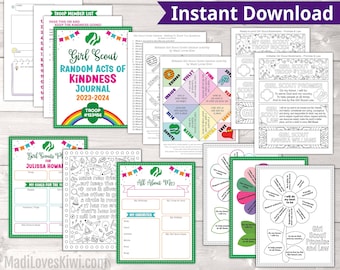 Printable Scout Meeting Activity Bundle - Editable Cootie Catcher Game, Promise & Law Bookmark, Daisy Petal Coloring Chart Journal Song Girl