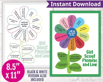 Printable Daisy Petals Chart, Scout Promise & Law Coloring Page for Girl Troop, Digital Leader Activity Tracker Instant Download, PDF Poster