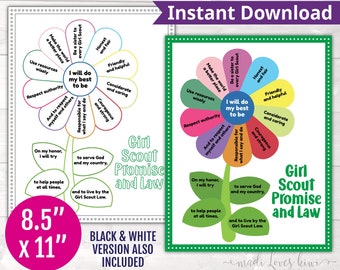 Printable Daisy Petals Chart, Scout Promise & Law Coloring Page for Girl Troop, Digital Leader Activity Tracker Instant Download, PDF Poster